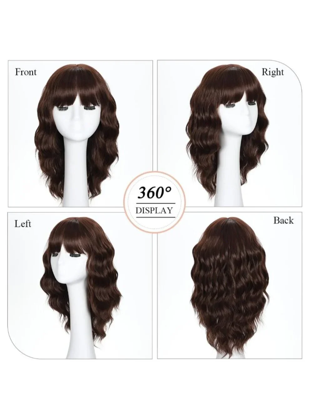 Women's Chocolate Brown 16 Inch Wavy Wig Bangs Shoulder Length Synthetic Hair
